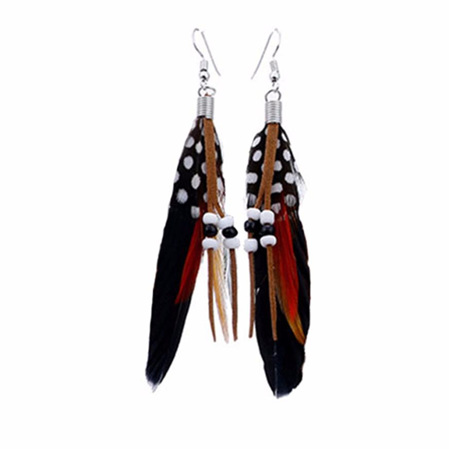 Bright Beads & Feather Earrings - BLACK