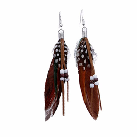 Bright Beads & Feather Earrings - BROWN