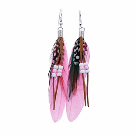 Bright Beads & Feather Earrings - PINK