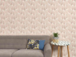 Bunny wallpaper on pink background with couch, table and plant