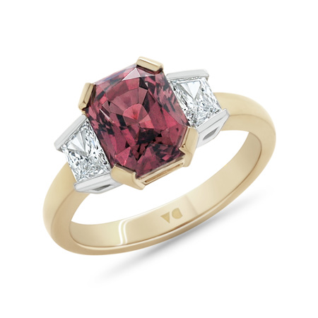 Burgundy: Sapphire and Trapezoid Diamond Three Stone Ring