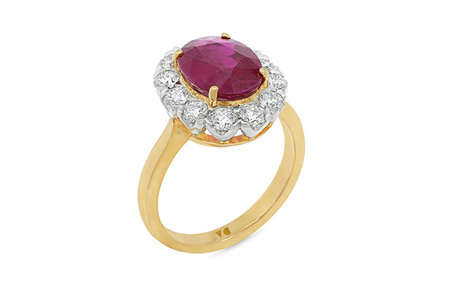 Burmese Ruby and Diamond Halo Ring