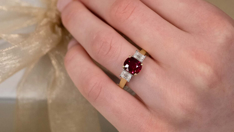 Burmese ruby and diamond three stone ring