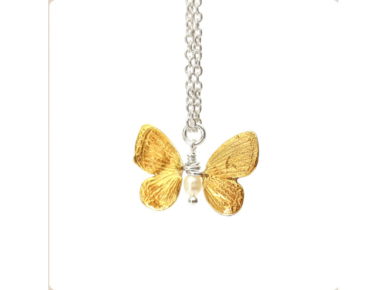 butterfly sterling silver 14k gold cream pearl necklace kinetic delicate nature