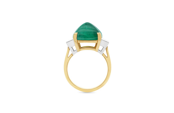 Cabochon Emerald and Diamond Three Stone Ring