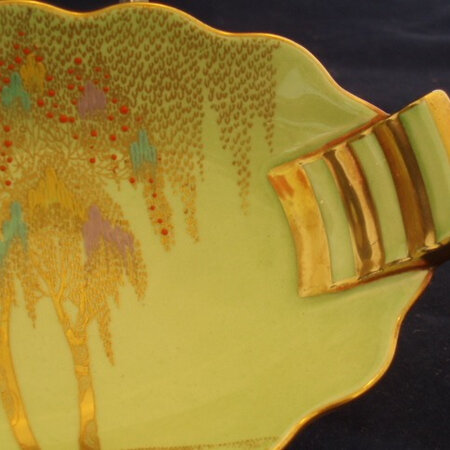 Carlton Ware gold and green tab handle dish