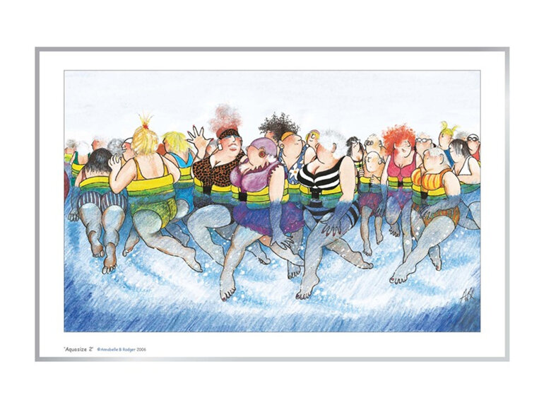 Cartoon artprint: women enjoying aquajogging & talking