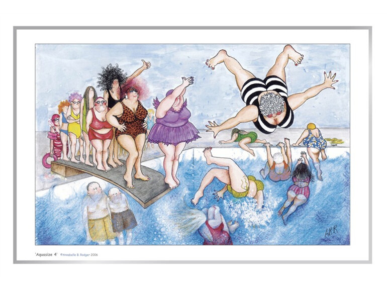 Cartoon artprint: women having fun springboard diving
