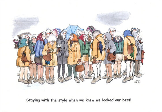 cartoon: baby boomer women's reunion in 1960s fashions for classy young women