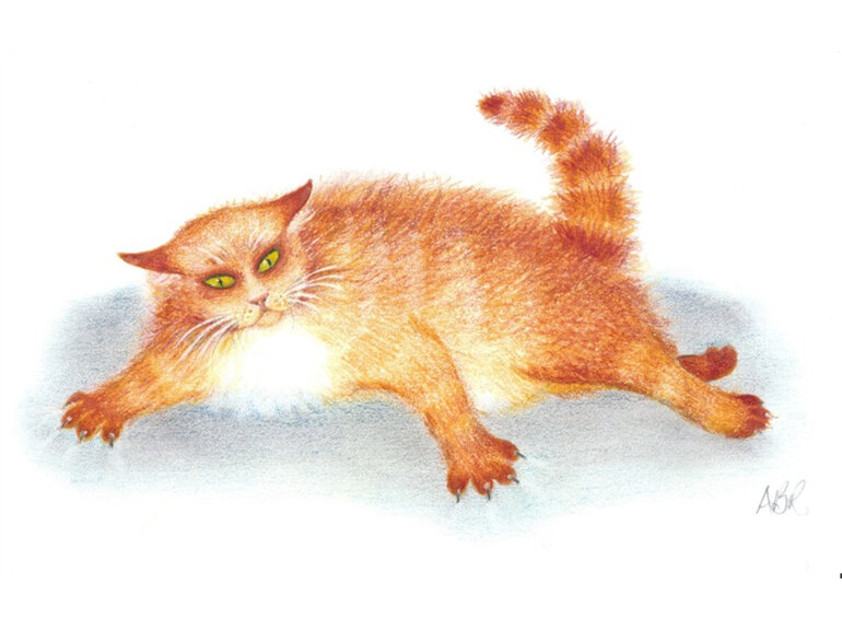 cartoon: big fluffy ginger tom-cat half resting & half ready to react if annoyed