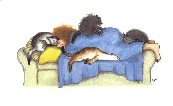 cartoon: cats on and cuddled up to owner who is napping on sofa