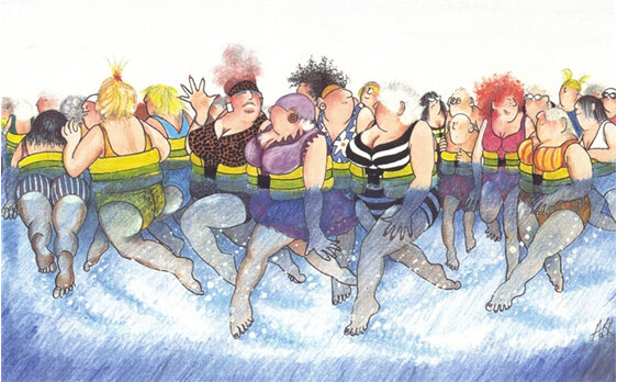 cartoon: group of adults in flotation belts enjoying aquajogging in diving pool