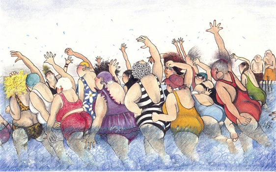 cartoon: group of women enjoying aquarobics (aquafitness) class in swimming pool