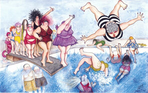 cartoon: group of women having fun using springboard diving pool