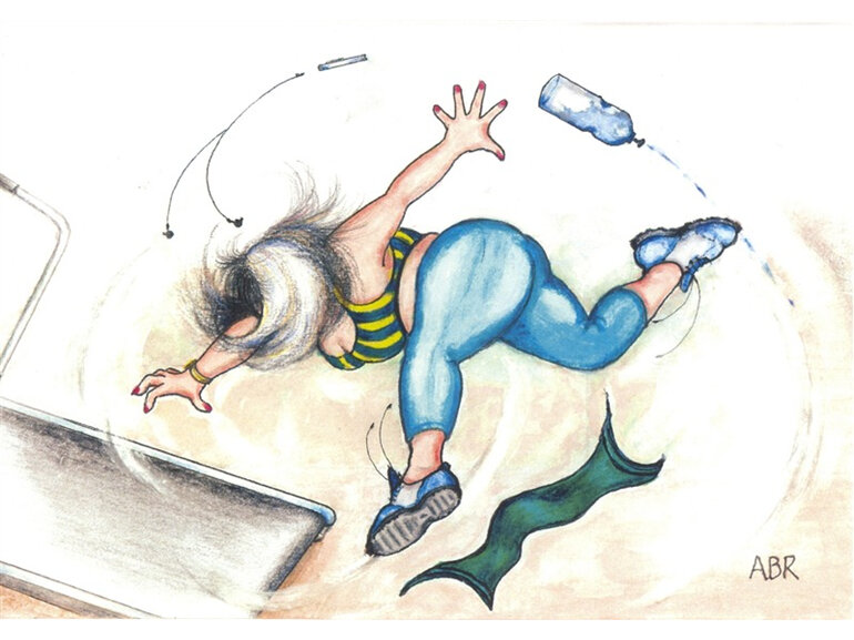 cartoon: woman losing battle with gym treadmill, water bottle & towel go flying