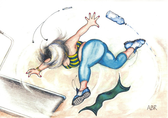 cartoon: woman losing battle with gym treadmill, water bottle & towel go flying