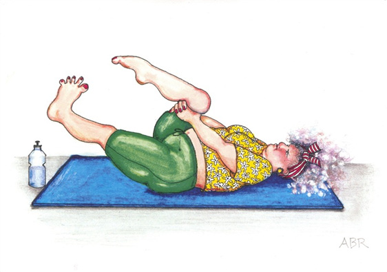 cartoon: woman on gym mat trying to regain flexibility