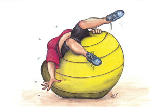 cartoon: woman struggling to balance lying backwards on large exercise ball