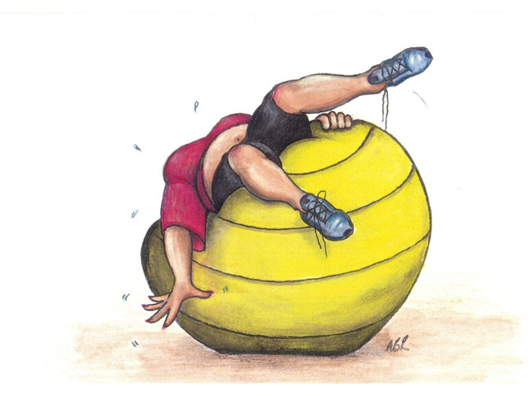 cartoon: woman struggling to balance lying backwards on large exercise ball