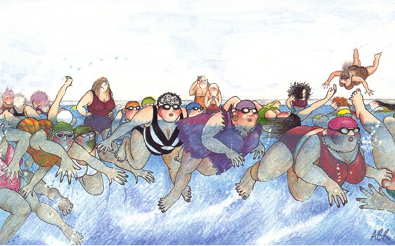 cartoon: women in crowded "slow lane" at swimming pool