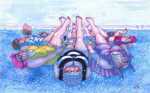 cartoon: women practise synchronized swimming & men watch old friends having fun