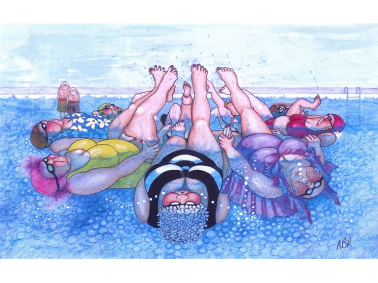 cartoon: women practise synchronized swimming & men watch old friends having fun