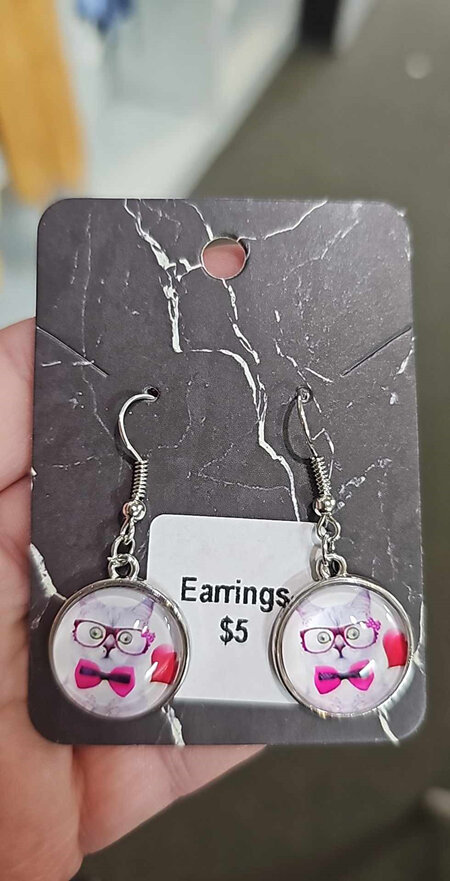 Cat with glasses and bow tie Glass Earrings