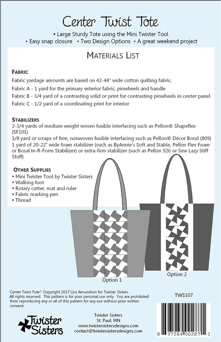 Center Twist Tote Pattern by Twister Sister Designs