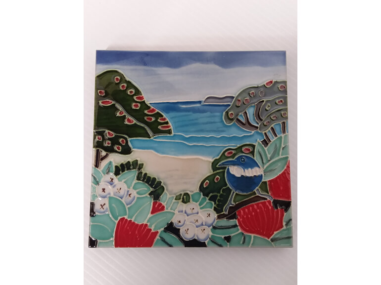 #ceramic#tile#newzealand#scenery#birds#fauna#tui#pohutukawa