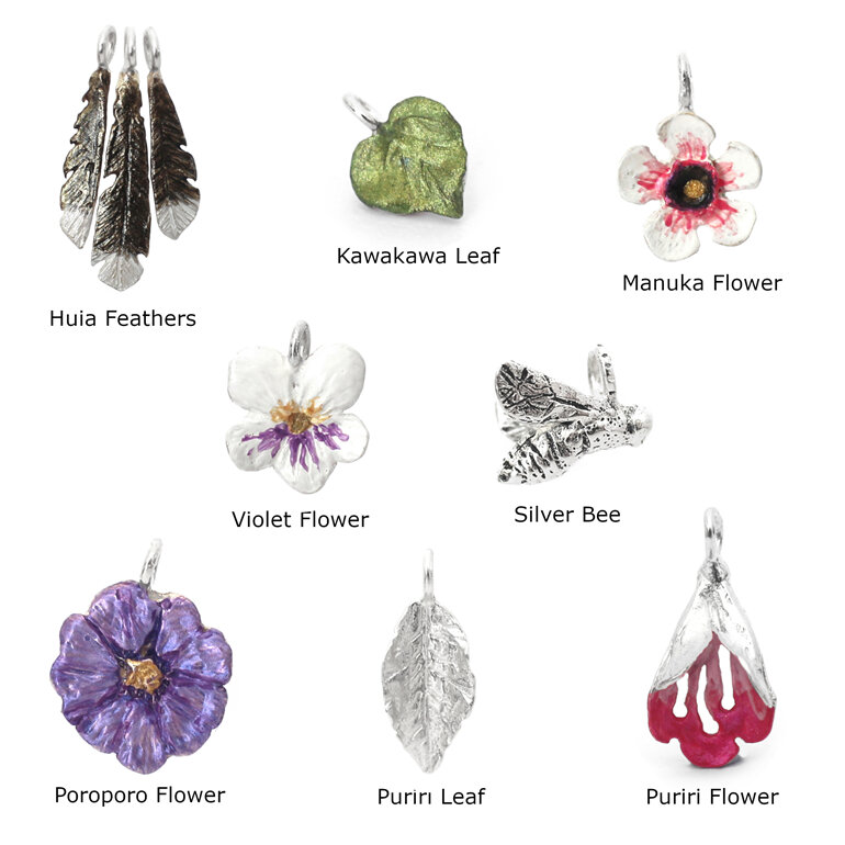 charms selection leaves flowers flora bee feathers sterling silver lily griffin