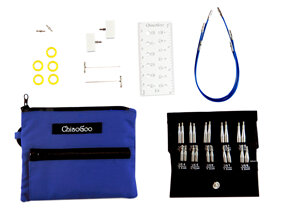 ChiaoGoo blue pouch, black sleeve with needle tips, blue cables and accessories
