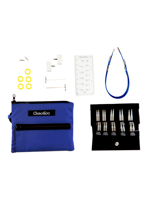 ChiaoGoo blue pouch, black sleeve with needle tips, blue cables and accessories