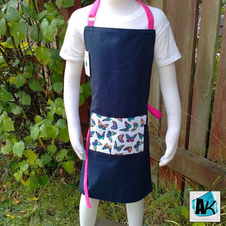 Children's Apron – Navy & Pink with Sparkly Butterflies Pocket