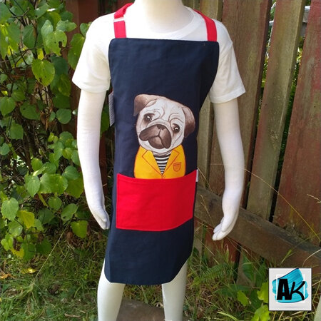 Children's Apron – Navy & Red with a Pug in the Pocket