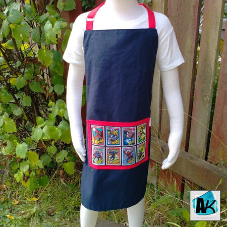 Children's Apron – Navy & Red with Super Heroes Pocket
