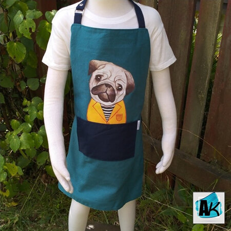 Children's Apron – Teal & Navy with a Pug in the Pocket
