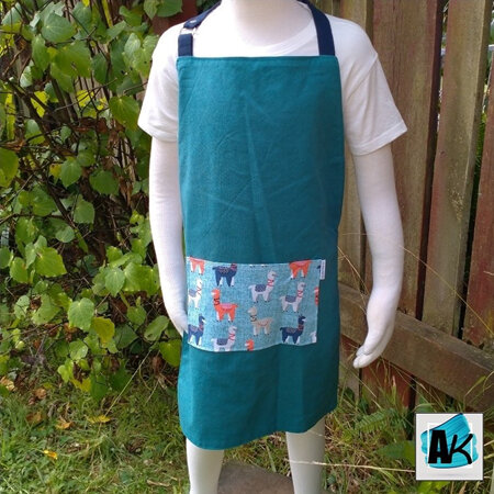 Children's Apron – Teal & Navy with Llama Pocket