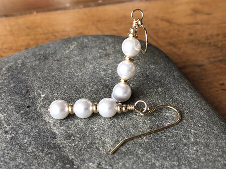 Classic earrings - three stacked 6mm Swarovski crystal pearls in white [Gold-filled]