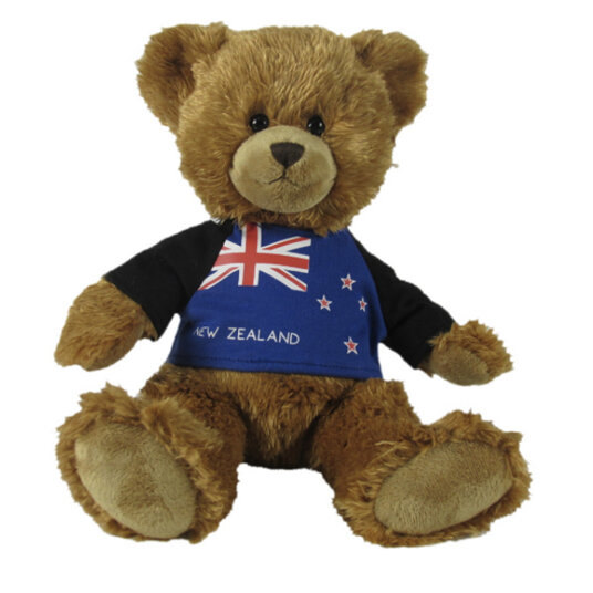Classic Teddy Bear wearing NZ Flag T Shirt