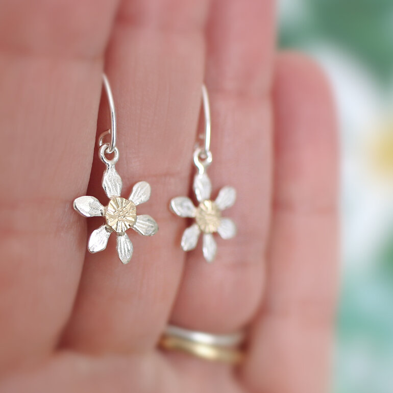 Clematis mini flowers drop earrings stars silver solid 9k gold lily griffin nz