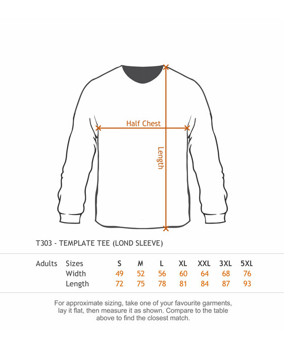 Cloke Long Sleeve Template Tee Size Chart