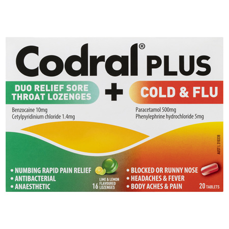 Codral Plus Duo Relief Sore Throat Lozenges Lime & Lemon Flavoured + Cold & Flu