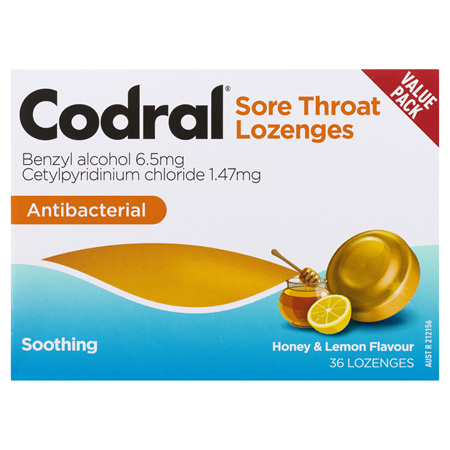 Codral Sore Throat Lozenges Antibacterial Honey & Lemon 36 Pack