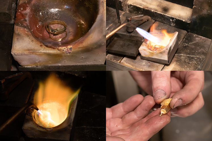 Collage of melting yellow gold rings to form an ingot, ready to remodel