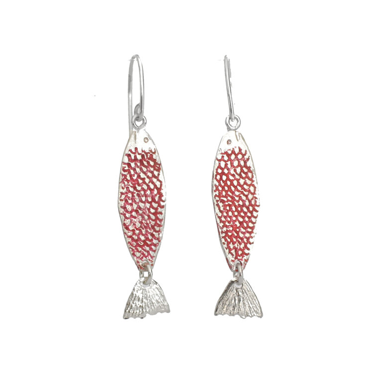 coral orange sterling silver ika fish kinetic earrings lilygriffin nz jewellery