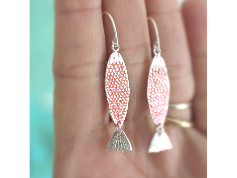 Coral sterling silver ika fish kinetic tails earrings handmade Lily griffin nz