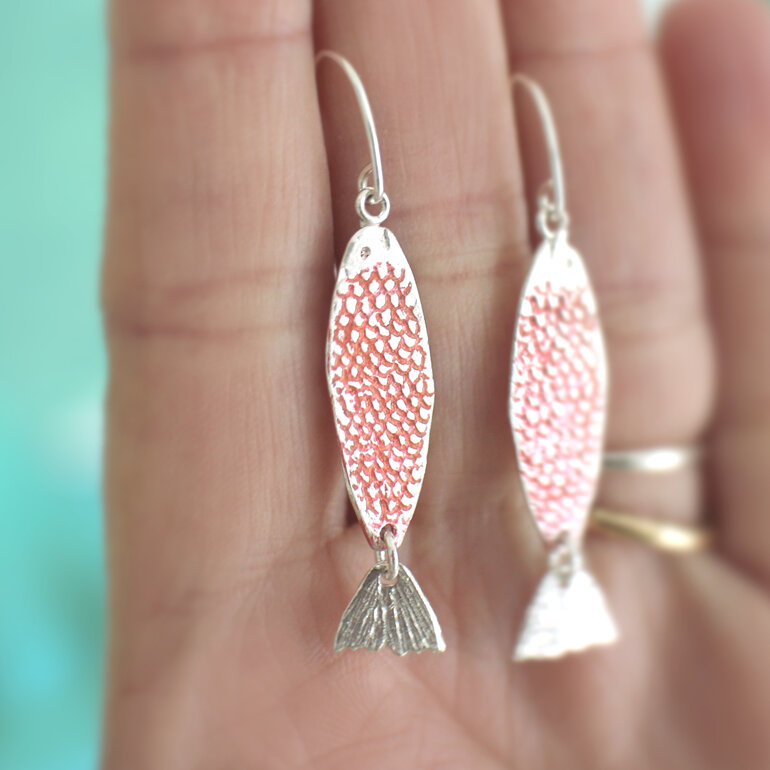 Coral sterling silver ika fish kinetic tails earrings handmade Lily griffin nz