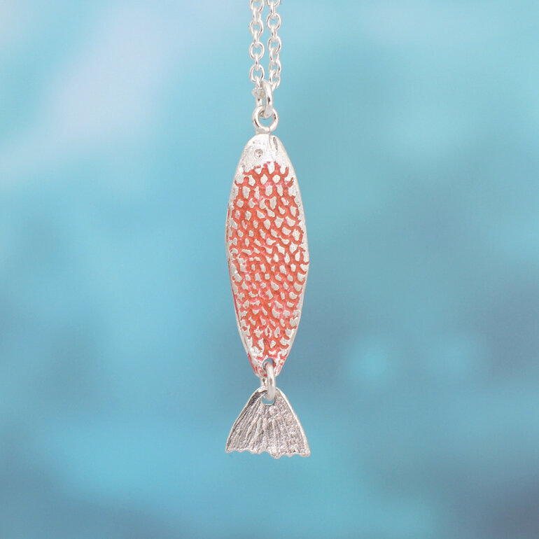 Coral sterling silver ika fish pendant ocean beach lily griffin nz jewellery