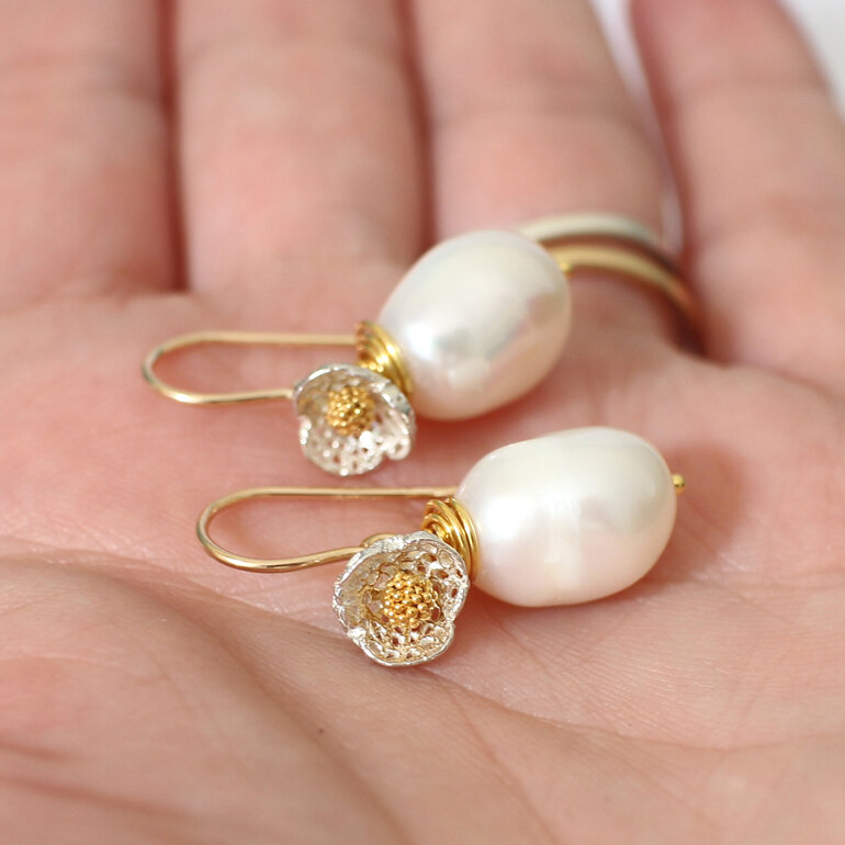 cream baroque pearl earrings silver flowers gold lily griffin handmade nz