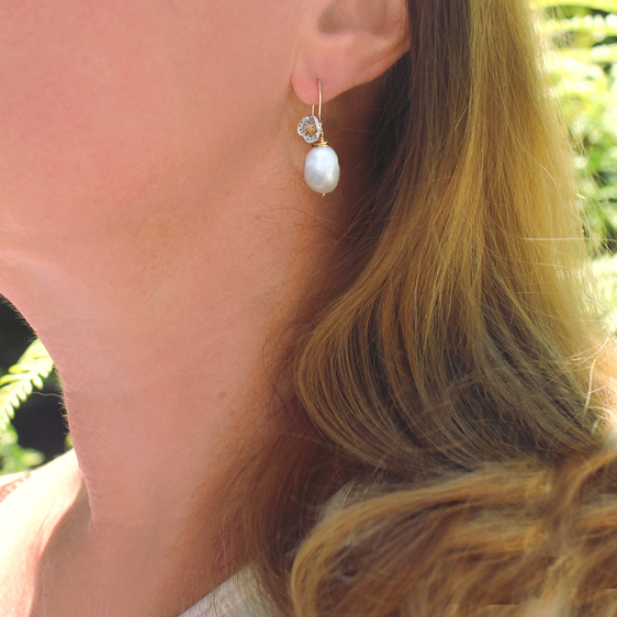 cream baroque pearl earrings silver flowers gold lilygriffin jewellery nz